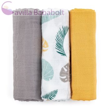   PETITE&MARS Bambusz muszlin 3db-os pelenka szett Moussy Ochre Leaves, 68 x 68 cm