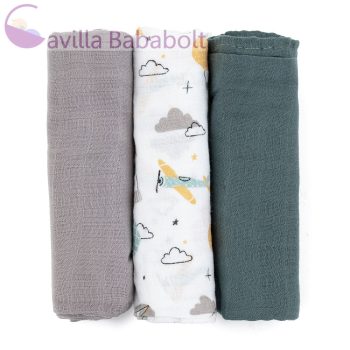   PETITE&MARS Bambusz muszlin 3db-os pelenka szett Moussy Grey Planes, 68 x 68 cm