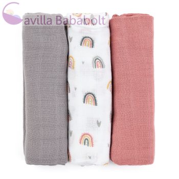   PETITE&MARS Bambusz muszlin 3db-os pelenka szett Moussy Rose Rainbows, 68 x 68 cm