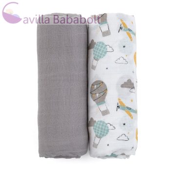   PETITE&MARS Bambusz muszlin 2db-os pelenka szett Misty Grey Planes, 120 x 120 cm