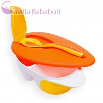   Osztott belsejű, fedeles, műanyag tányér kanállal, narancs