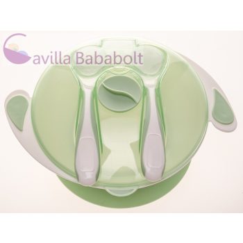 Tapadókorongos tányér tetővel és evőeszközzel zöld