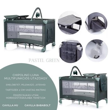   Chipolino Luna multifunkciós utazóágy, emelőbetéttel, pelenkázóval, játékhíddal, Green