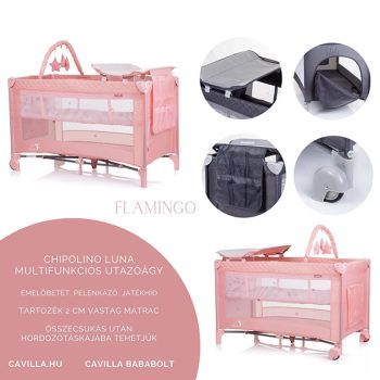   Chipolino Luna multifunkciós utazóágy, emelőbetéttel, pelenkázóval, játékhíddal, Flamingó