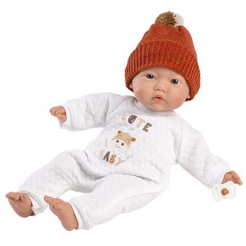   Llorens Fiú csecsemő baba bocis rugdalózóban, sapkával 31cm