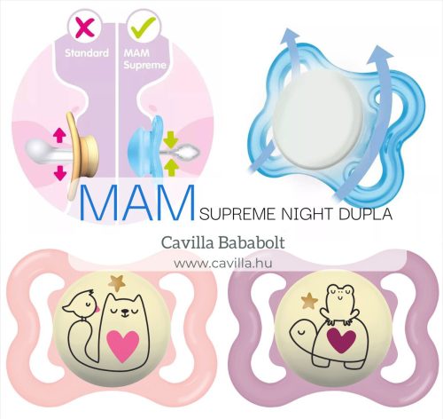 MAM Supreme Night szilikon cumi dupla, sterilizálódobozzal 0+, cica-teknős, 2db