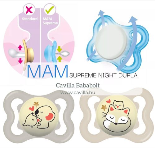 MAM Supreme Night szilikon cumi dupla, sterilizálódobozzal 0+, róka-koala, 2db