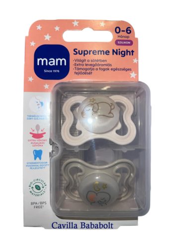 MAM Supreme Night Éjszakai szilikon cumi 0-6 hó, 2 db (fehér, szürke)