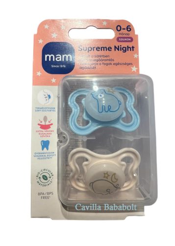 MAM Supreme Night Éjszakai szilikon cumi 0-6 hó, 2 db (kék, fehér)