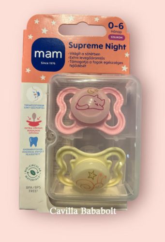 MAM Supreme Night Éjszakai szilikon cumi 0-6 hó, 2 db (rózsaszín, sárga)