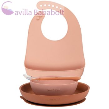   NATTOU Szilikon étkészlet előkével 4 db-os rózsaszín BPA mentes