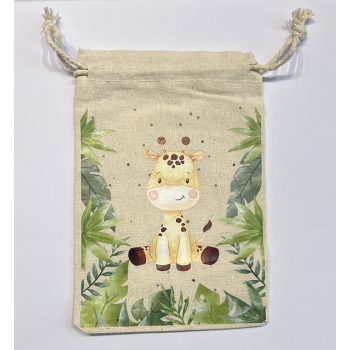   Pamut állat nyomatos, húzózsinóros tasak, Méret - 15x10 cm,  zsiráf