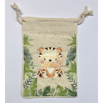   Pamut állat nyomatos, húzózsinóros tasak, Méret - 15x10 cm,  tigris