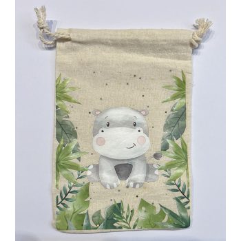   Pamut állat nyomatos, húzózsinóros tasak, Méret - 15x10 cm,  víziló