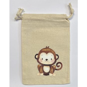   Pamut állat nyomatos, húzózsinóros tasak, Méret - 15x10 cm,  majom