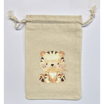   Pamut állat nyomatos, húzózsinóros tasak, Méret - 15x10 cm,  tigris