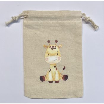   Pamut állat nyomatos, húzózsinóros tasak, Méret - 15x10 cm,  zsiráf