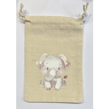   Pamut állat nyomatos, húzózsinóros tasak, Méret - 15x10 cm,  elefánt