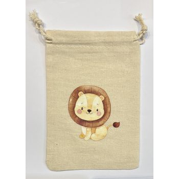   Pamut állat nyomatos, húzózsinóros tasak, Méret - 15x10 cm,  oroszlán