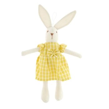 Lány nyuszi kockás ruhában, akasztós 25 cm, sárga
