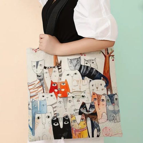 Macskás bevásárlótáska ,strand válltáska, újra felhasználható táska , Méret - 40x42 cm