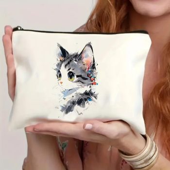   Vászon sminktáska, hordozható cipzáras tárolótasak, mini utazó piperetáska, cica