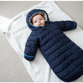   Kék színű bundazsák kapucnival és ráhajtható kesztyűvel , Méret 62-68-as (2-6 hó)
