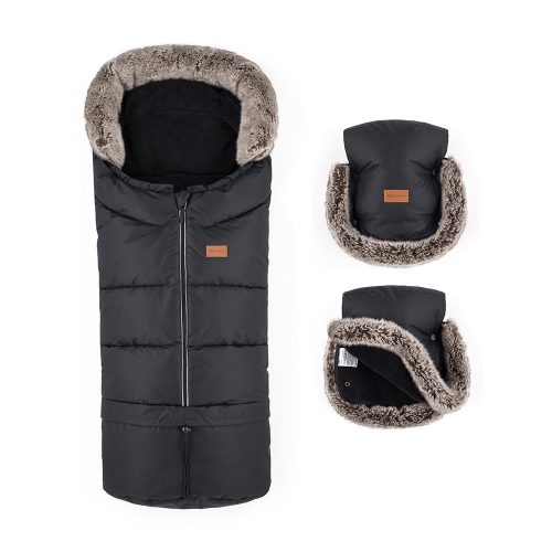 PETITE&MARS Téli szett Arctic 4in1 bundazsák + kézmelegítő kesztyű babakocsira Furry Forever Black