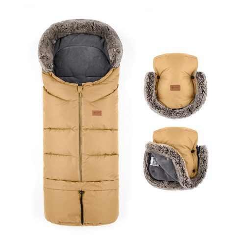 PETITE&MARS Téli szett Arctic 4in1 bundazsák + kézmelegítő kesztyű babakocsira Furry Elegant Caramel