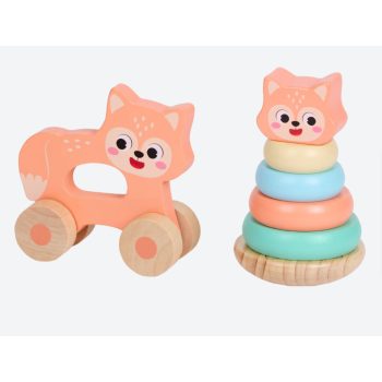Fa toronyépítő és gurítható játék 2in1 szett, róka